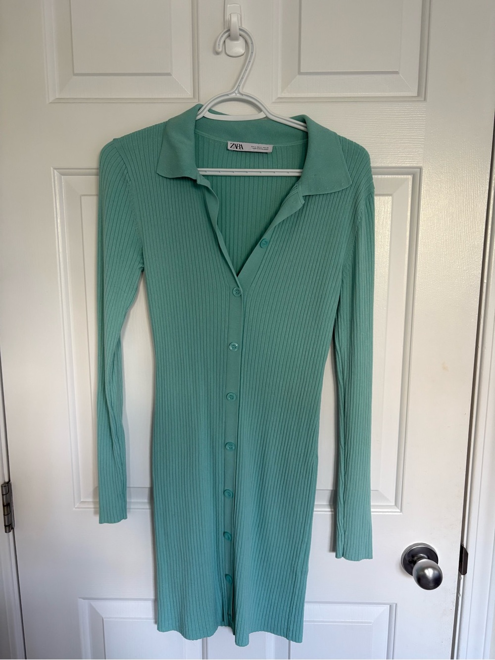 Zara Seafoam Ribbed Button-Front Long Sleeve Dress